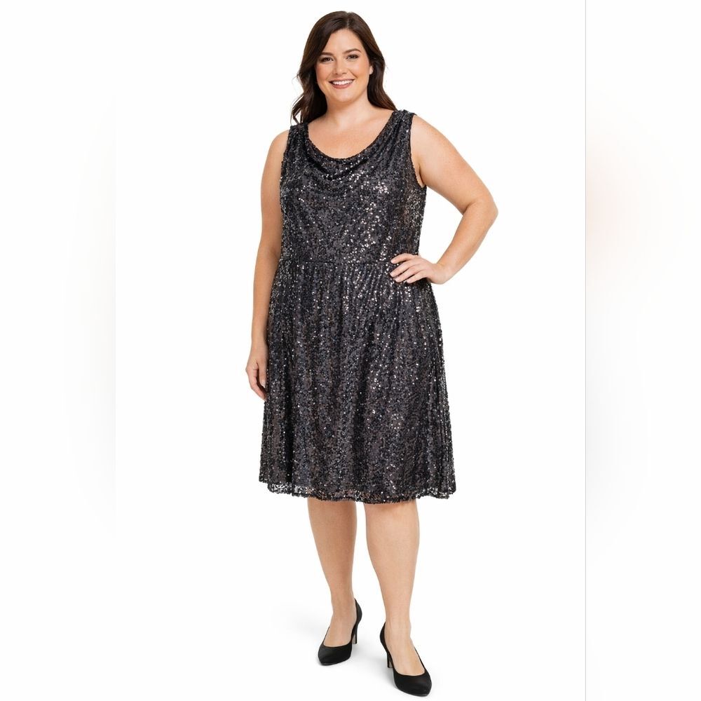Calvin Klein Black Sequin Midi Dress 2X Sleeveless Cocktail Party Plus Size Glam
